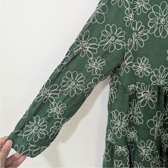 Zara Diana Floral Embroidered Tiered Mini Dress Linen Long Sleeve Green L - Picture 5 of 12